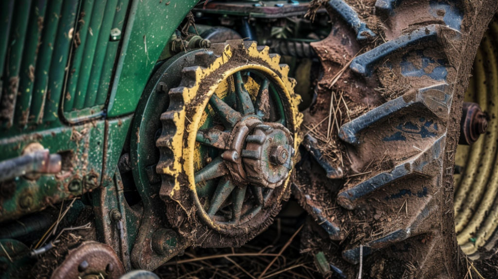 John Deere 4310 tractor with a close-up of the transmission system. Highlighting common transmission issues like slipping gears, grinding noises, and leaking fluids on troubleshooting solutions.
