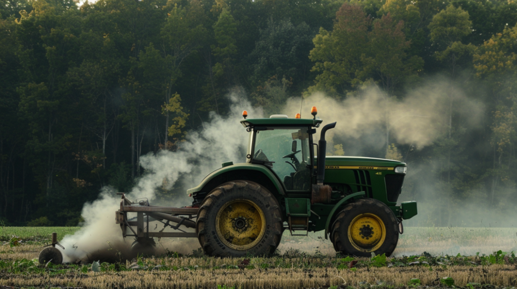 John Deere 4520 tractor with smoke coming out of the engine compartment, radiator steaming, and a thermometer indicating high temperature. Displaying tools and coolant nearby for troubleshooting.