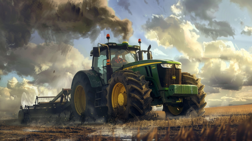 John Deere 5085E tractor with a flat tire, smoke coming from the engine, and a farmer scratching their head in confusion.