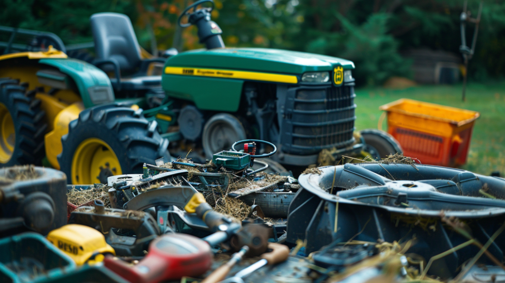 John Deere 850 mower deck with visible common issues such as belt misalignment, blade damage, and clogged discharge chute, alongside tools and parts for fixes.