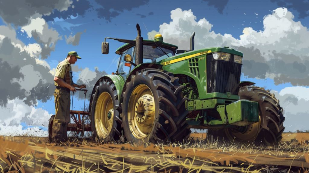 John Deere 855 tractor with a steering issue - such as a loose steering wheel or misaligned front wheels. Includes details like a frustrated farmer inspecting the steering mechanism