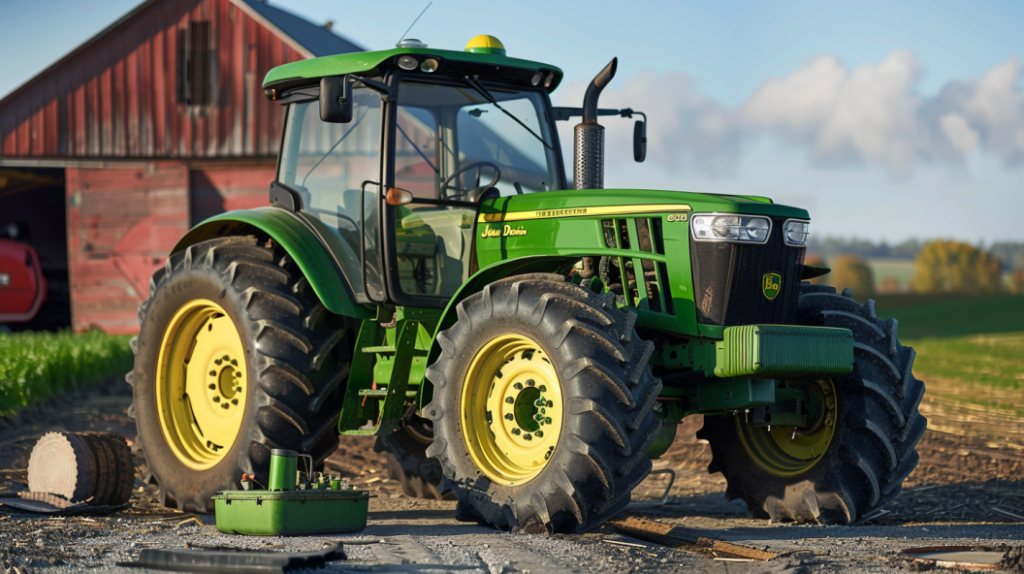 John Deere 855 tractor with a maintenance tools next to it.