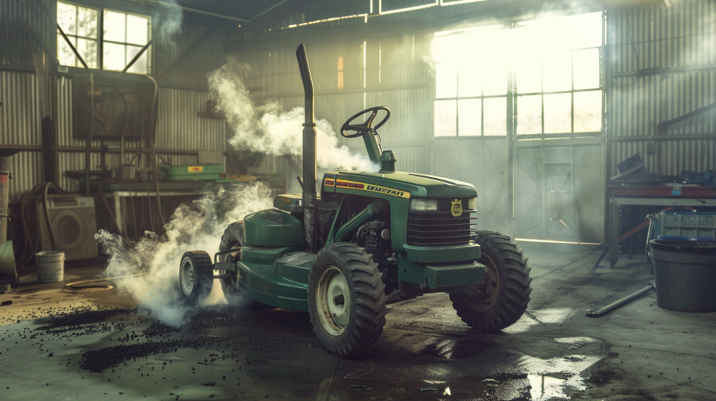 John Deere F525 riding mower with smoke billowing from the engine, surrounded by spilled oil and a mechanic diagnosing the problem.