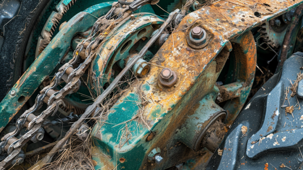 John Deere S100 mower with visible signs of deck belt wear and tear, such as fraying or cracking. Including close-up shots of the belt and pulleys