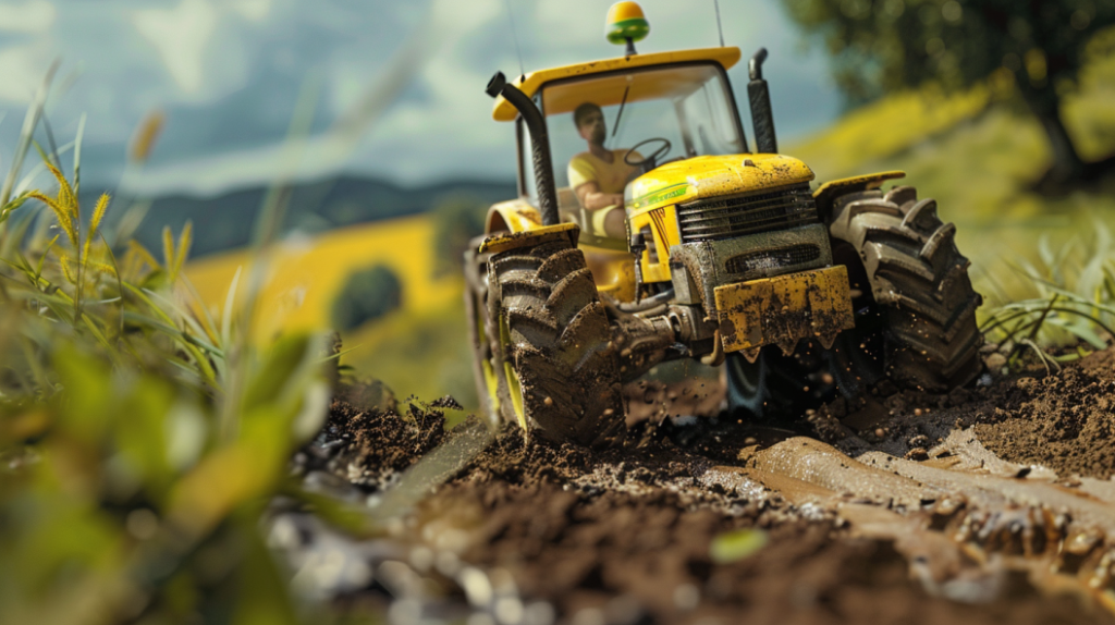 John Deere X304 lawn tractor struggling to climb a hill, with visible signs of engine strain and lack of power. Includes a frustrated operator looking at the engine.