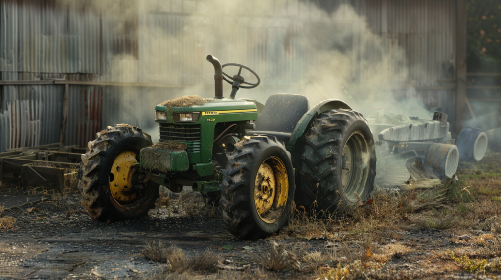 John Deere X330 lawn tractor with a dirty air filter, clogged fuel filter, and old spark plugs, leading to loss of power. Includes a mechanic checking these components.