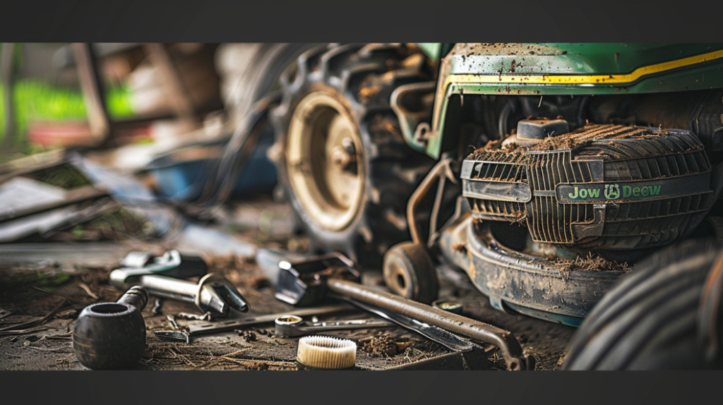 John Deere X330 riding mower with a clogged air filter, dirty spark plug, and low engine oil levels. Includes tools like a wrench and air filter for troubleshooting and maintenance.