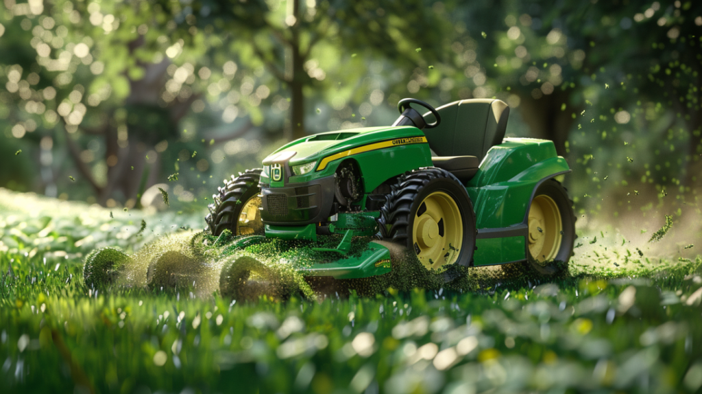 John Deere X540 riding mower with grass clumps left behind, uneven cutting patterns, and visible dull blades. 