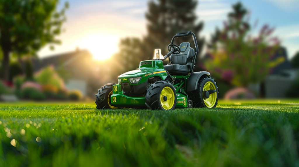 John Deere Z930M lawn mower with a visibly uneven or misaligned cutting deck. Focus on the deck's positioning and potential issues, such as tilted or off-center blades.