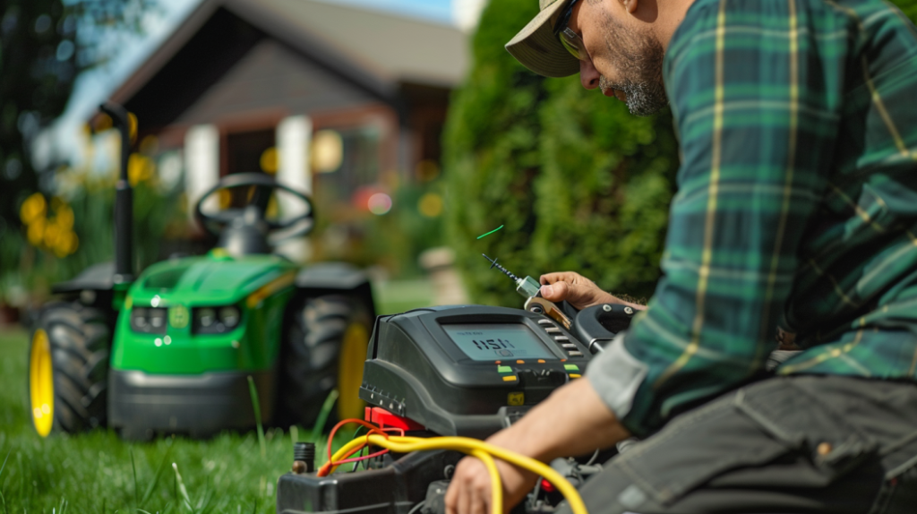 John Deere Z950M mower with a blank digital display, a disconnected wire, and a frustrated technician holding a diagnostic tool, highlighting electronic troubleshooting and maintenance issues.