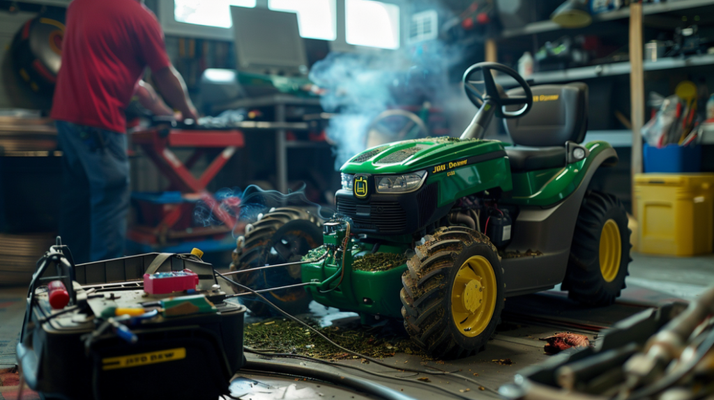 John Deere Z950M mower with a smoking exhaust, dirty air filter, and loose spark plug wire. Includes a mechanic checking the engine oil level and a diagnostic tool plugged in.