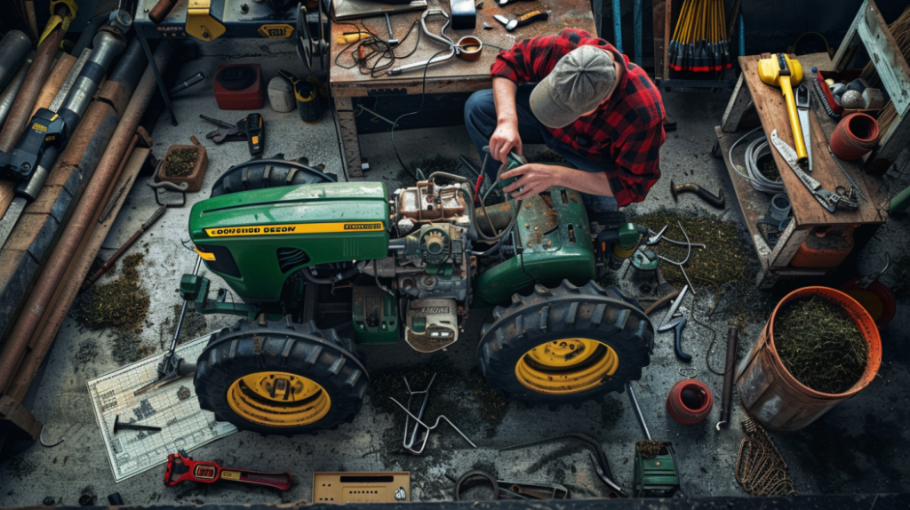 John Deere lawn tractor with a visibly dirty air filter, spark plug, and fuel filter. Includes a mechanic inspecting the engine, a tool kit, and a troubleshooting chart nearby.