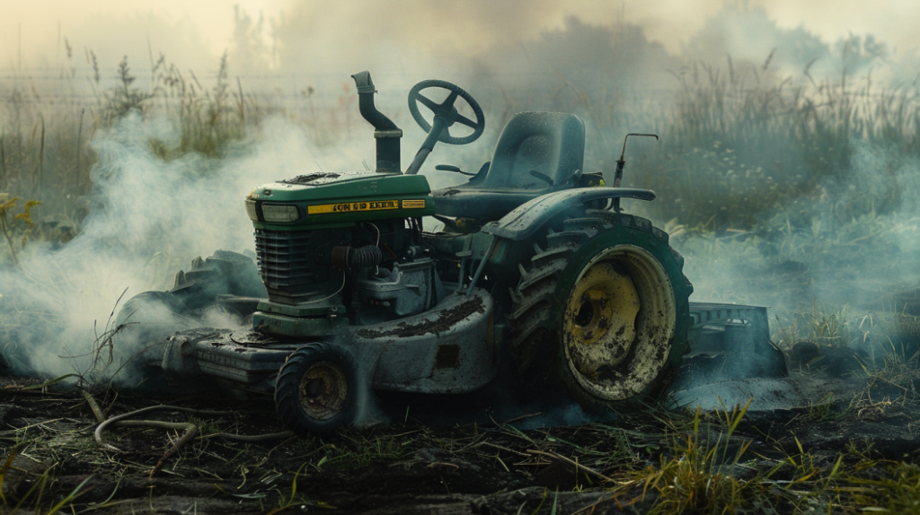 John Deere mower with visible signs of filter malfunction: leaking oil, smoking engine, and dirty air filter. Emphasizing the need for troubleshooting