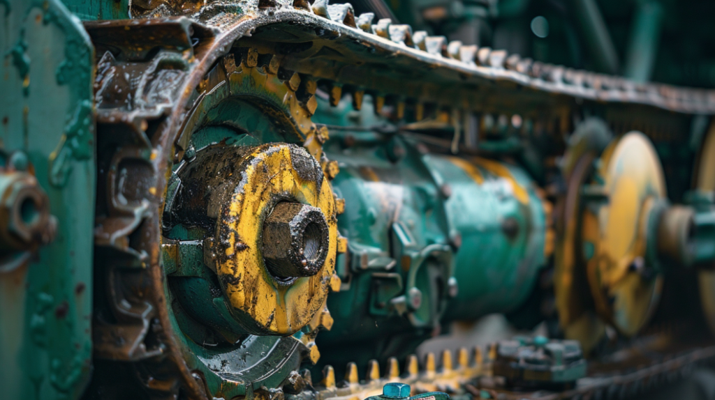 a close-up of a John Deere 4440 tractor's transmission system with visible signs of wear and tear, highlighting potential issues like slipping gears or fluid leaks.