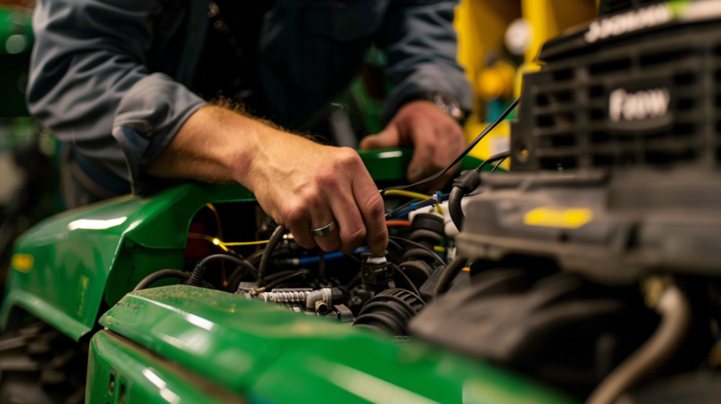 a close-up of a John Deere F525 mower with a technician inspecting the electrical system components like the battery, wiring, and ignition system for potential malfunctions.