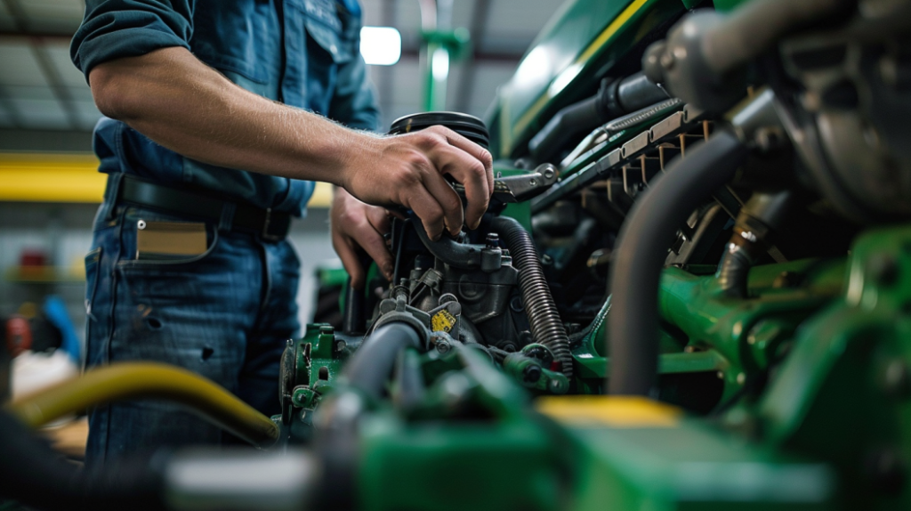 a close-up of a John Deere 4052M tractor with a mechanic repairing the engine. Highlighting tools, replacement parts, and a focused technician addressing common issues