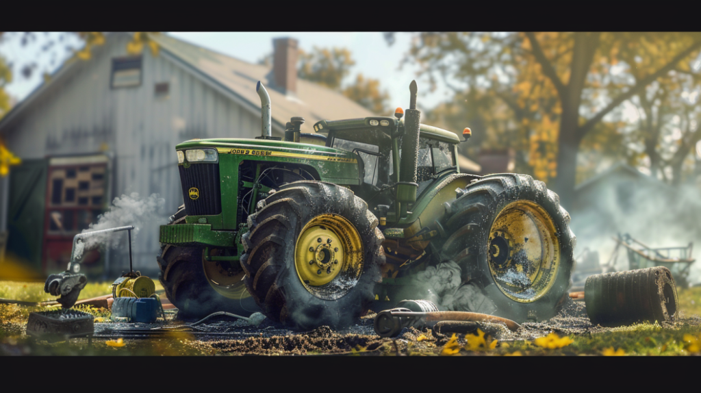 close-up of a John Deere 750 tractor with a leaking hydraulic hose, a smoking engine, and a flat tire. Including tools and replacement parts nearby.