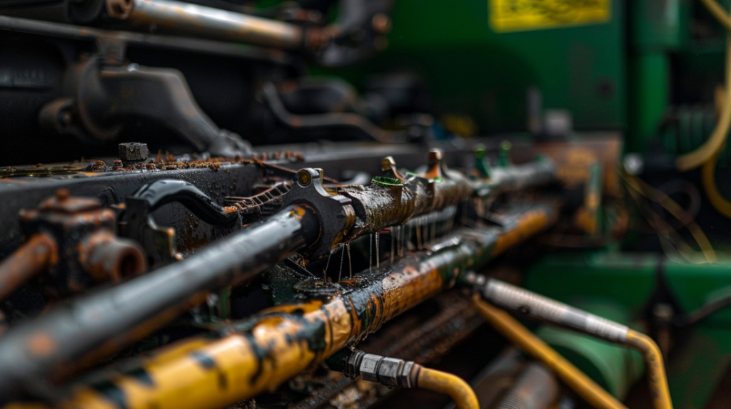 John Deere Z445's hydraulic system with visible leaks, damaged hoses, and low fluid levels. Include tools like wrenches, hydraulic fluid, and replacement parts nearby.
