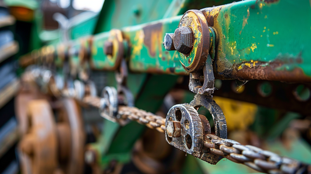 close-up of a John Deere 750 tractor's PTO lever stuck in the disengaged position, with a technician inspecting the mechanism for potential issues and solutions.