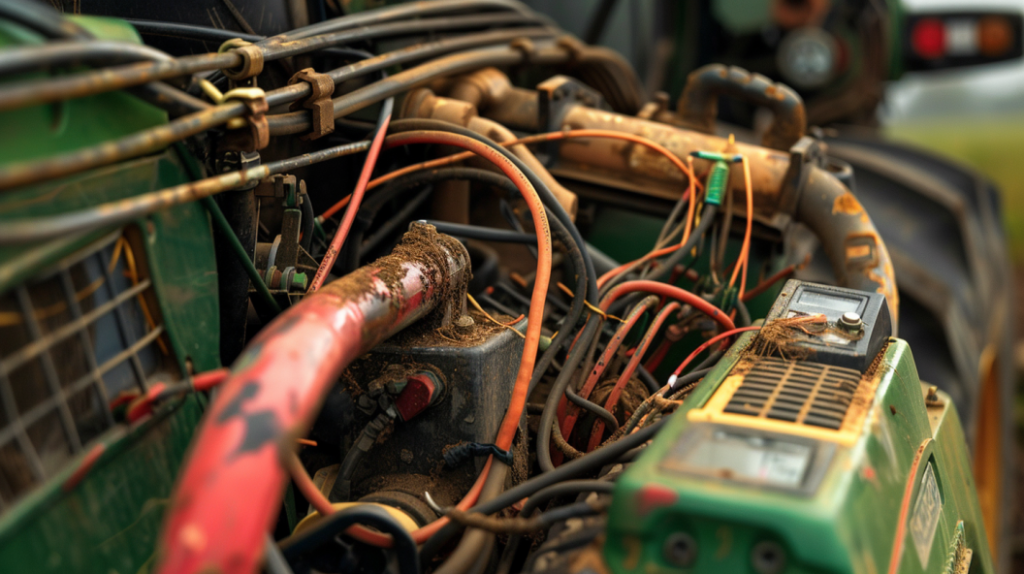 a close-up of a John Deere 4310 tractor's electrical system with visible issues like frayed wires, corroded connections, and a dead battery. Including tools like a multimeter and wire strippers for troubleshooting.