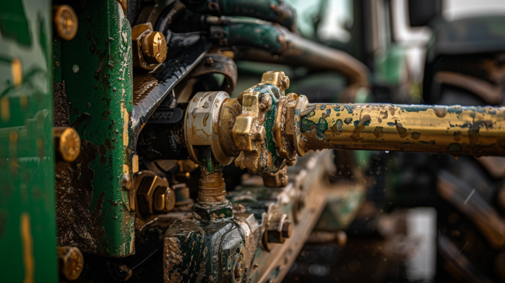 a close-up of a John Deere 5085E tractor with a visible hydraulic system leak around the hoses or connections. Displaying the leaking hydraulic fluid and potential signs of wear or damage.