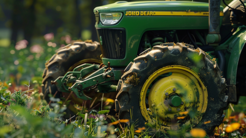 a close-up of a John Deere X304 lawn tractor with a focus on the steering mechanism. Highlights the steering wheel, linkage, and tires to visually depict steering difficulties.