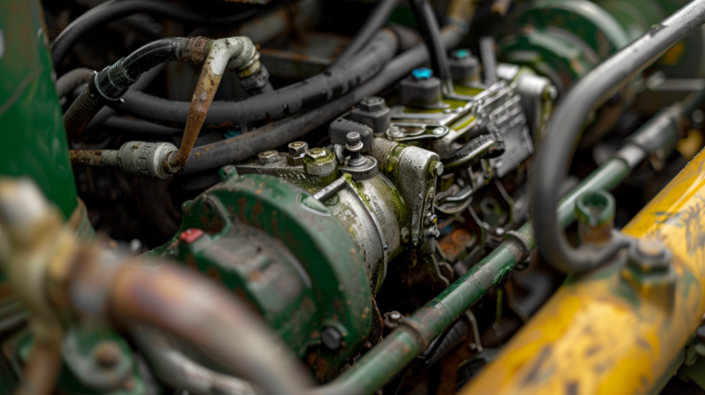 close-up of a John Deere Z445 mower's hydraulic system with visible leaks, damaged hoses, and a low fluid level. 