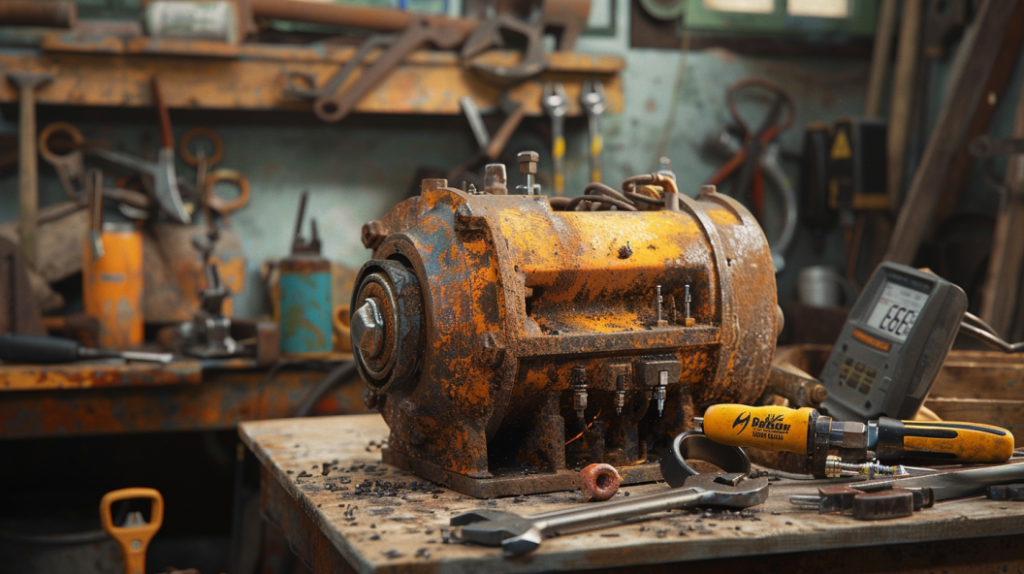 a close-up of a John Deere 350 dozer's starter motor with visible signs of corrosion and rust, surrounded by tools like wrenches and a multimeter, on a workbench in a garage. 