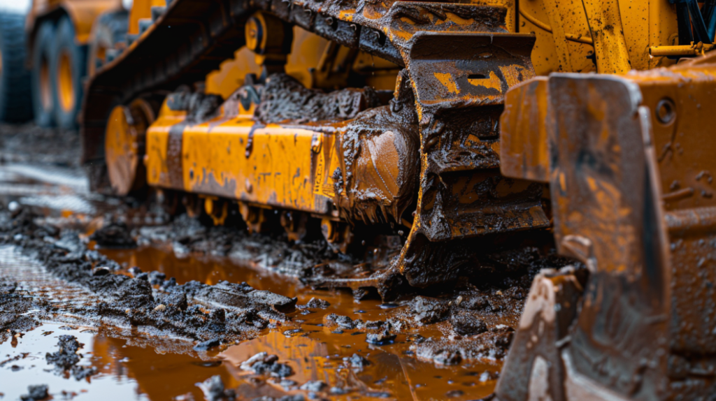 John Deere 350 Dozer with visible hydraulic fluid leaking from a hose connection. Highlighting the problem area with a puddle forming underneath