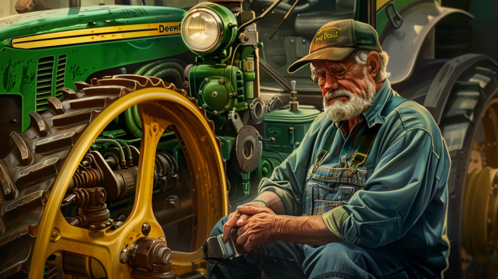 a close-up of a John Deere 3025D tractor with a mechanic inspecting the transmission system. The mechanic appears frustrated while checking the gears and fluid levels.