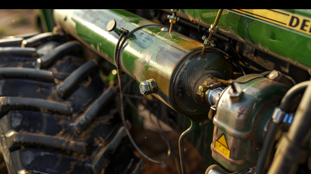 a close-up of a John Deere GT235 tractor with a visible hydraulic leak near the hydraulic hoses or fittings. Including clear details of the leaking fluid and surrounding components.