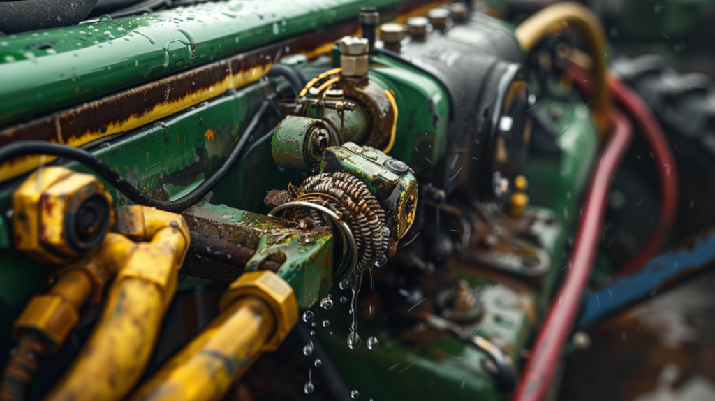 a close-up of a John Deere 1050 tractor's hydraulic system. Focus on a leaking hydraulic hose, a broken connector, and air bubbles in the hydraulic fluid.