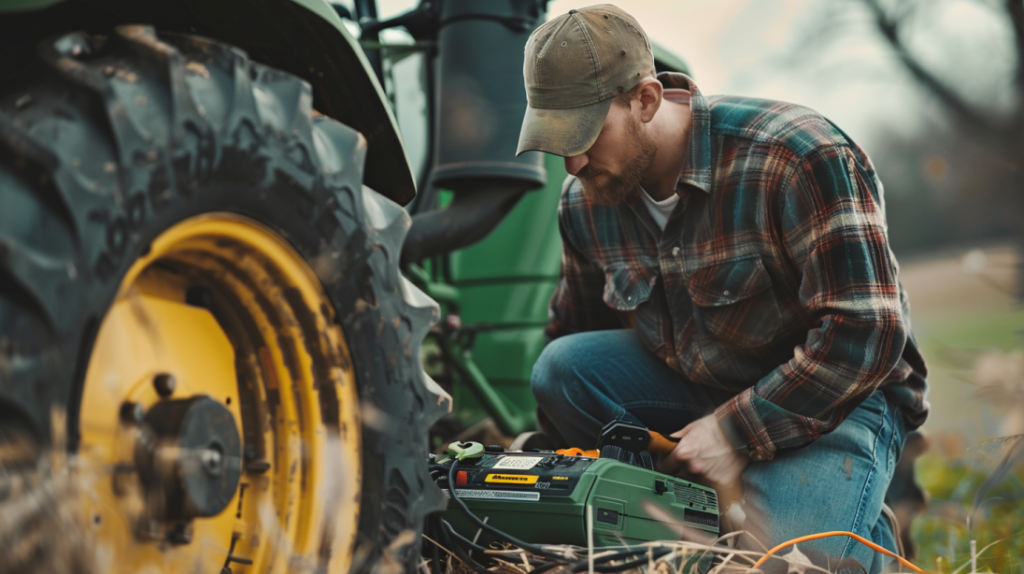 a farmer struggling to start a John Deere tractor, with a dead battery visible. Includes jumper cables, a multimeter, and a battery charger nearby for troubleshooting guide on Battery Troubles.
