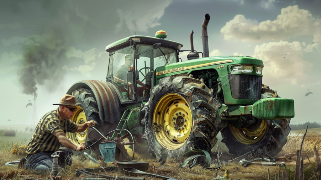 a frustrated farmer examining a John Deere 4010 tractor with a smoking engine, leaking oil, and flat tire. Including tools and parts scattered around