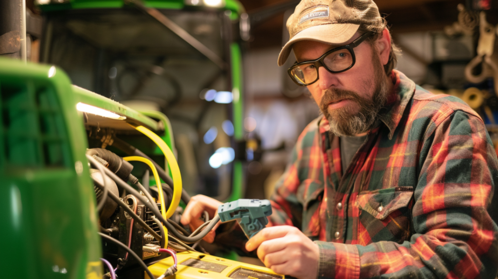 a mechanic examining a John Deere tractor's electrical system. Including tools like a multimeter, wiring diagram, and a confused expression to illustrate troubleshooting electrical faults.
