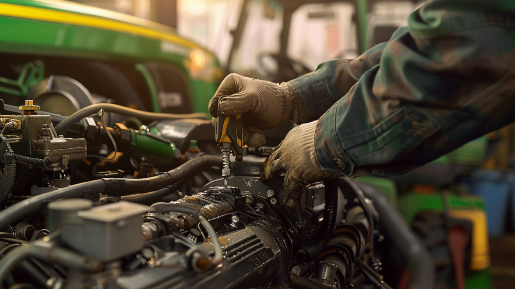 a mechanic inspecting a John Deere X540 engine, checking spark plugs, air filter, and fuel system. Including tools like a wrench, spark plug socket, and fuel pressure gauge