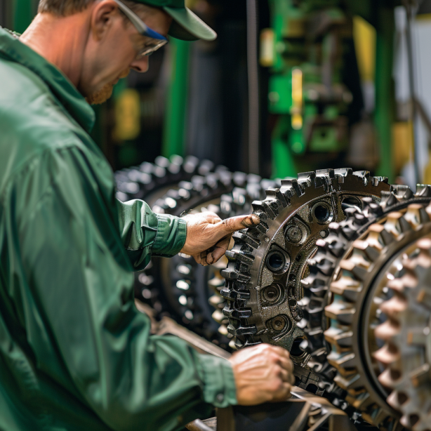 a mechanic inspecting a John Deere 1050 tractor's transmission system. The mechanic is checking the gears, fluid levels, and connections for common transmission problems.