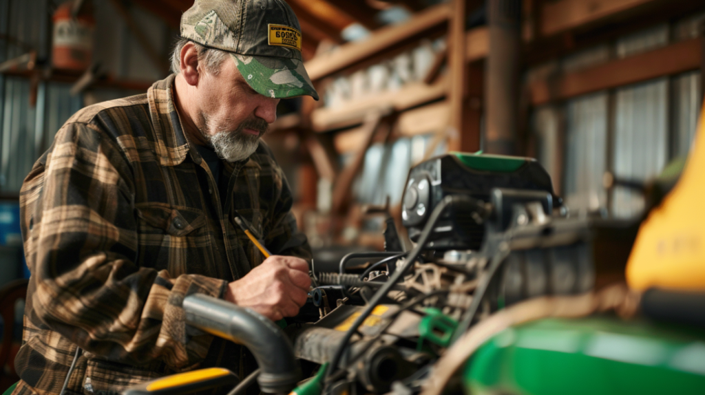 a mechanic inspecting a John Deere tractor's transmission system. Includes tools, diagnostic equipment, and the mechanic's focused expression to illustrate troubleshooting guide for transmission issues.