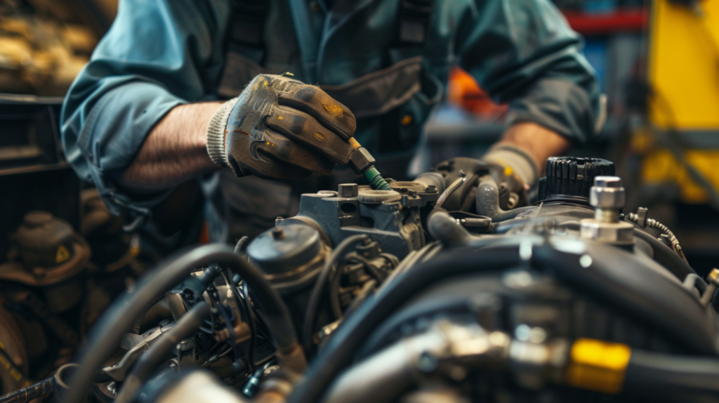 a mechanic inspecting a John Deere 3035D engine, highlighting common issues like overheating, fuel system problems, and air filter issues. Including tools, diagnostic equipment, and replacement parts.