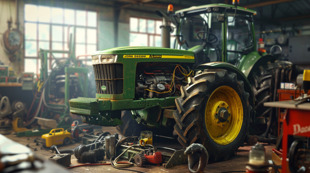 John Deere 2520 tractor engine, with various tools, diagnostic equipment, and replacement parts scattered around, highlighting troubleshooting and repair process.
