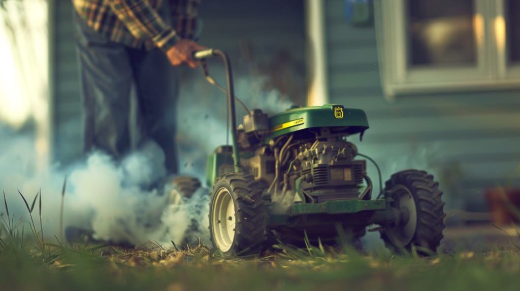 a person struggling to start a John Deere S110 mower engine. Includes details like a frustrated expression, pulling the starter cord, and smoke coming from the exhaust.