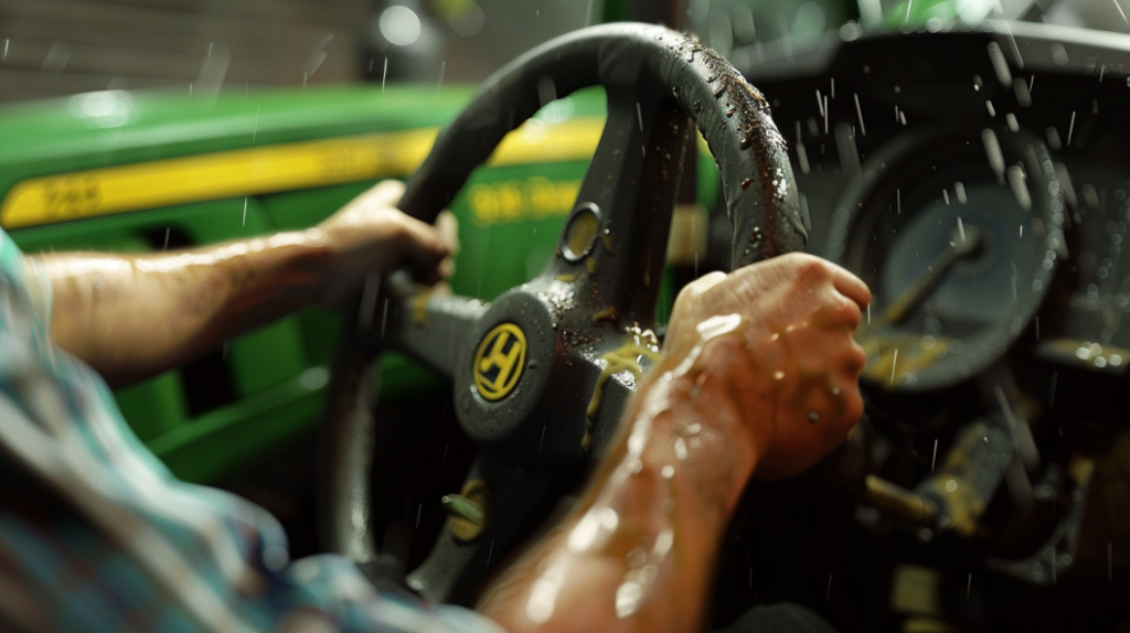  a person struggling to steer a John Deere 345 tractor, with a focus on the steering wheel and brake pedals. Including details like a stuck wheel and brake fluid leaking.