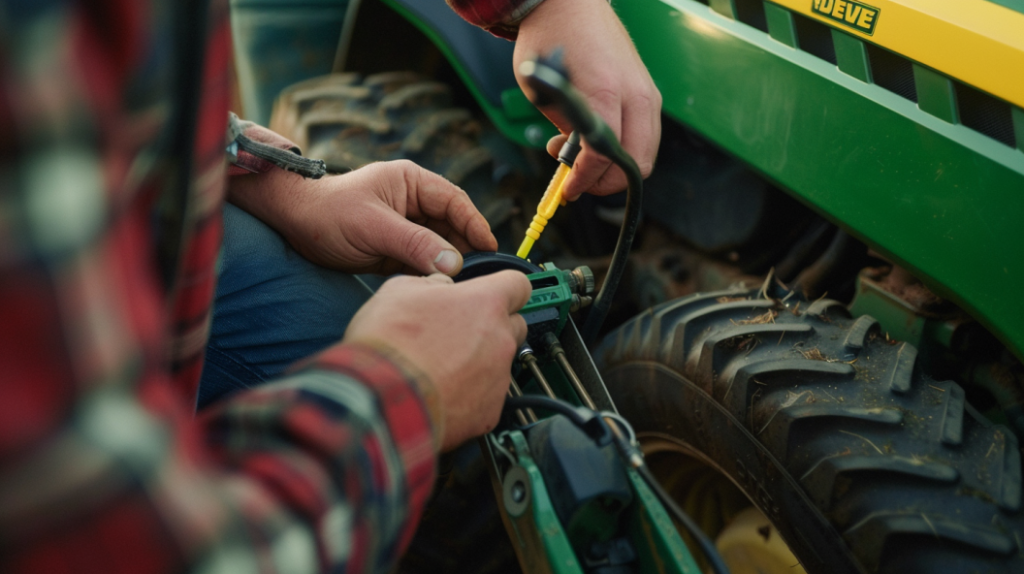 a person using a dipstick to check the transmission fluid level in a John Deere 4052R tractor. Including a close-up of the dipstick, fluid color, and proper refill process.