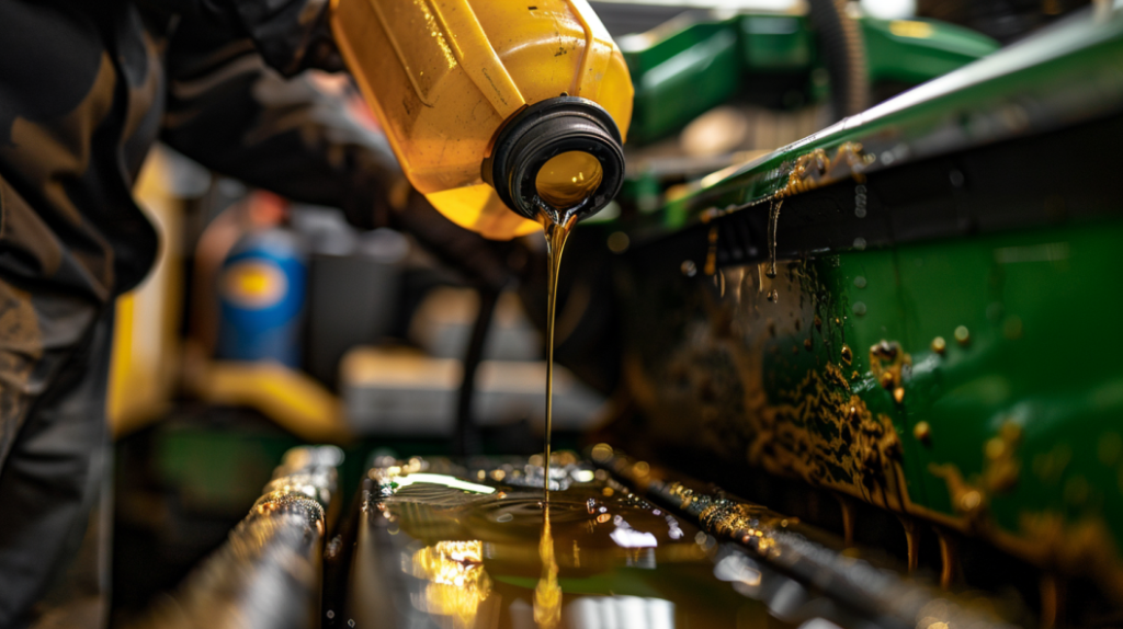 a technician draining old engine oil from a John Deere 4052R tractor, replacing the oil filter, and pouring fresh engine oil into the engine. Including proper tools and safety equipment.