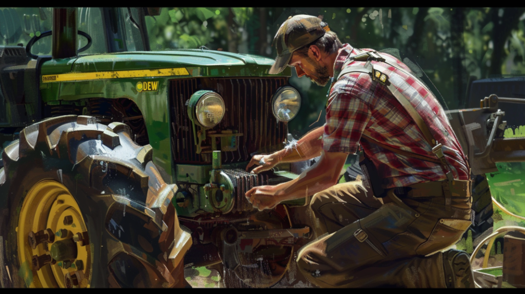 John Deere 100 Series lawn tractor with a mechanic examining the transmission system. Show visible signs of wear and potential issues.