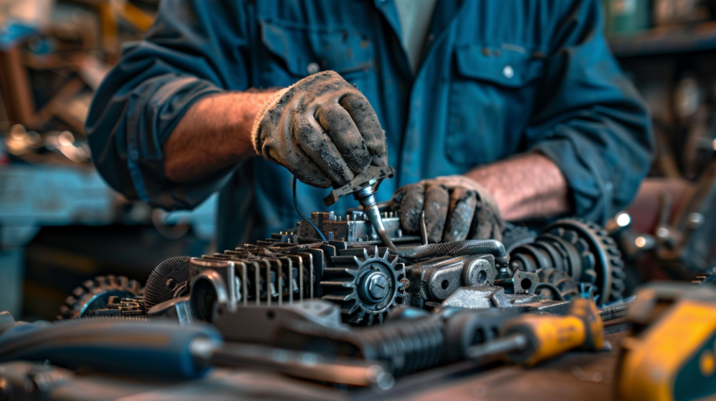 John Deere 3039R transmission problems and fixes. Shows a mechanic inspecting the transmission, a close-up of gears, and tools for repairs in a workshop setting.