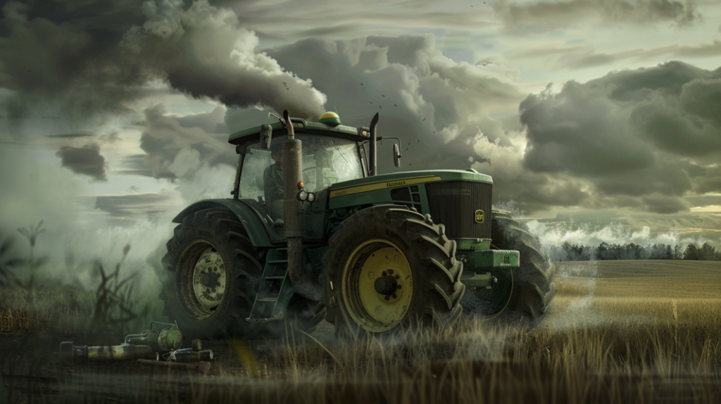 John Deere 2240 tractor in a field with smoke billowing from the engine, surrounded by a mechanic looking frustrated, tools scattered, and a manual open.