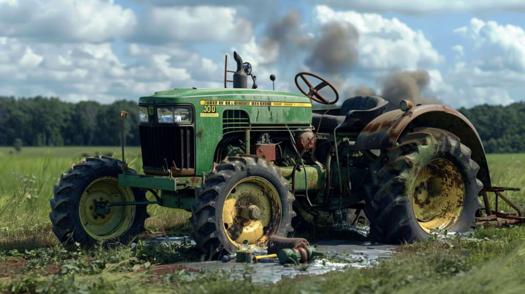 John Deere 3010 tractor with a smoking engine, leaking hydraulic fluid, and a flat tire. Show a mechanic fixing the issues with tools nearby for a blog post on common problems and fixes.