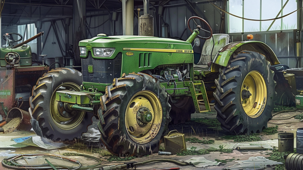 John Deere 3010 tractor with a visible hydraulic system, showcasing common issues like leaking hoses, damaged cylinders, and a diagram of fixes like replacing seals or checking fluid levels.