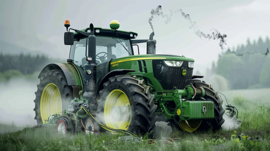 John Deere 3033R tractor with a smoking battery, a flickering dashboard display, and a disconnected wire near the engine, highlighting electrical malfunction troubleshooting and solutions.